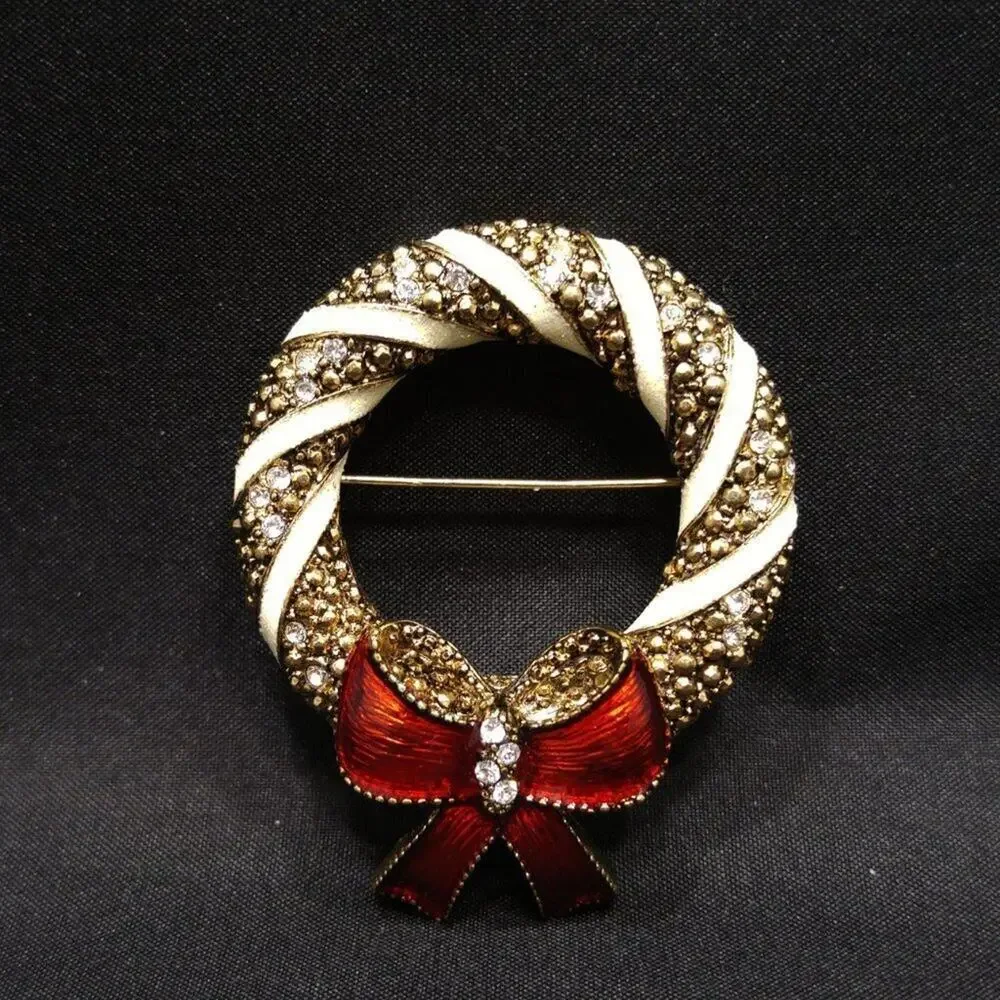 Vintage Christmas Wreath Enamel Brooch, Red Bow, 1960s, 2 Inches